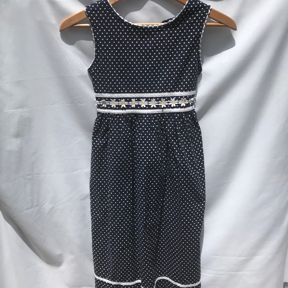 Rare editions long navy polka dot dress w/daisies